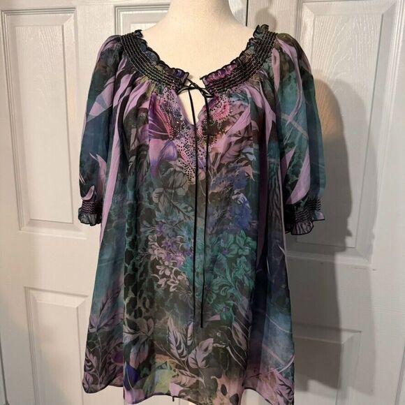 Dress Barn Woman 2X‎ Smocked Tie Dye Button Front Top, Puff Sleeve Smocked Trim - Picture 6 of 8